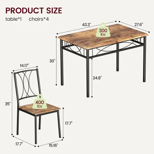 Vista 6 de Garvee Juego de mesa de comedor de madera de 5 piezas para 4, juego de mesa de cocina rectangular con 4 sillas, juego de mesa de comedor que ahorra