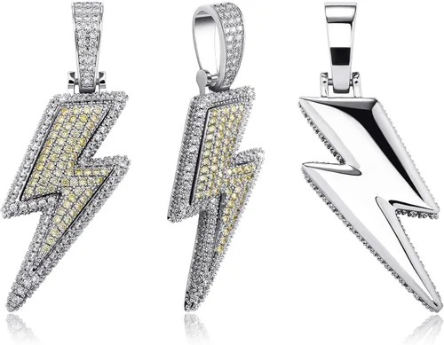 Vista 23 de JINAO Hip Hop - Colgante con diseño de rayo chapado en oro de 18 quilates con circonita cúbica con micropave de imitación de diamante para hombres