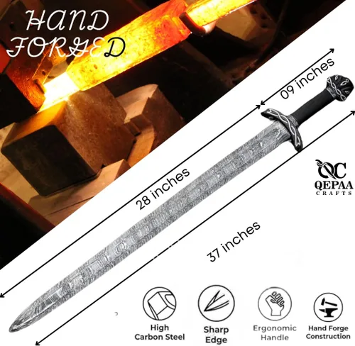 Vista 2 de Espada de acero de Damasco hecha a mano, estilo vikingo, hoja de espiga completa con mango de madera y vaina, réplica medieval coleccionable, regalo