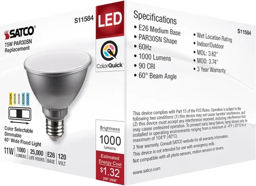 Vista 7 de Satco S11584; LED PAR30SN de 11 vatios; base media; acabado plateado; CCT seleccionable; 120 voltios; ángulo de haz de 60 grados