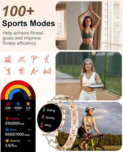 Vista 4 de Reloj inteligente para mujer con pantalla táctil HD de 1.27 pulgadas, reloj de fitness, notificaciones de llamadas y mensajes Bluetooth, monitor