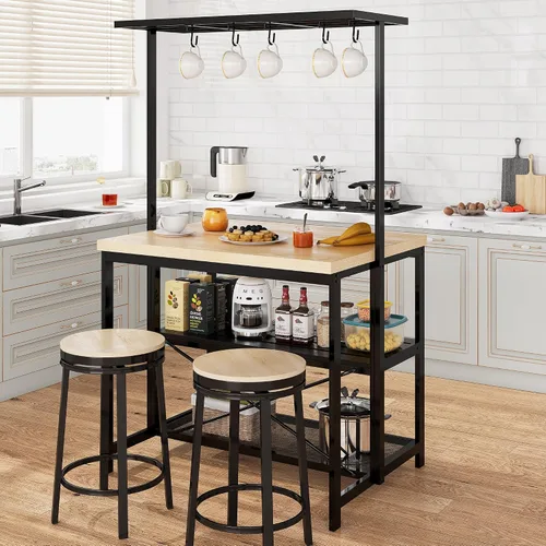 Vista 2 de Isla de cocina, estante para panaderos, mesa de isla para cocina, soporte de microondas de 3 niveles con almacenamiento, mesa de café grande