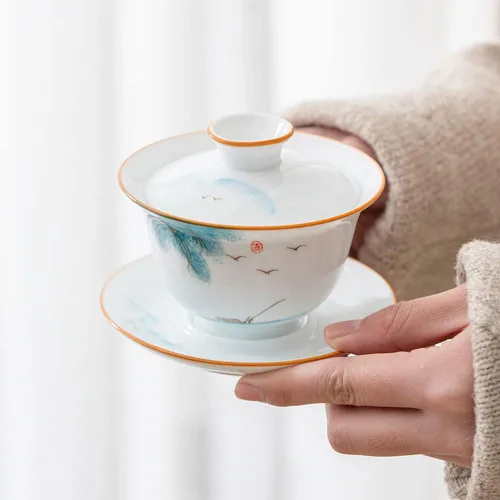 Vista 3 de Emoyi Juego de tazas de té River Pattern Porcelana Gaiwan Kungfu Tazón de té con tapa y platillo 4.1 fl oz