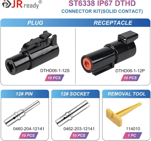 Vista 2 de JRready ST6338 Deutsch DTHD - Kit de conectores de 1 pine, 10 pares de conectores impermeables de un solo pin para aplicaciones pesadas, tamaño 12