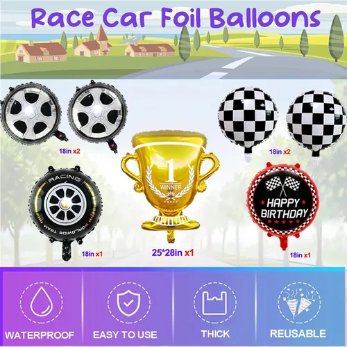 Vista 5 de Decoración de fiesta de cumpleaños de coche de carreras, globos de automóvil de carreras con flecos de aluminio a cuadros, telón de fondo