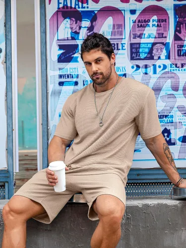 Vista 3 de Babioboa Conjunto de camiseta y pantalones cortos de manga corta para hombre, 2 bolsillos, de gran tamaño, de dos piezas, casual, uso diario