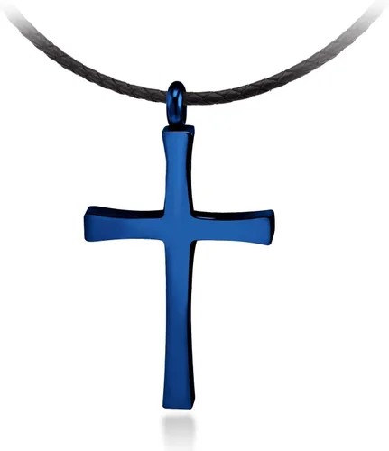 Vista 4 de 555Jewelry - Collar con dije de cruz de acero inoxidable ajustable con cordón negro Azul