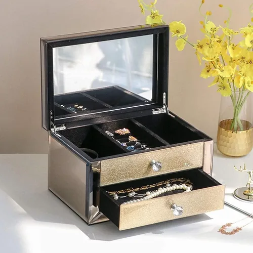 Vista 3 de XINOSA Joyero de cristal de lujo con espejo de maquillaje, organizador de almacenamiento de joyas, joyero, joyero, organizador