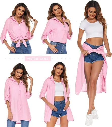 Vista 2 de HOTOUCH - Camisas de novio para mujer con botones, manga larga, blusa con puños, camisa con cuello