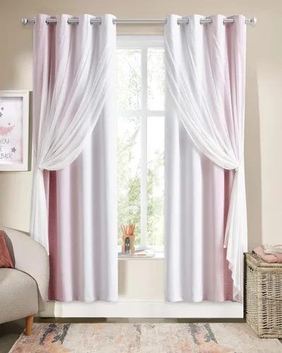 Vista 12 de Cortinas 100% opacas con superposición de gasa Mix and Match de doble capa, 54 pulgadas de largo, 2 paneles para dormitorio y sala de estar, azul