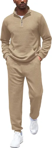 Vista 14 de COOFANDY Chándal para Hombre de 2 Piezas con Cremallera de un Cuarto Conjunto de Entrenamiento Jacquard a Cuadros para Trotar Verde militar