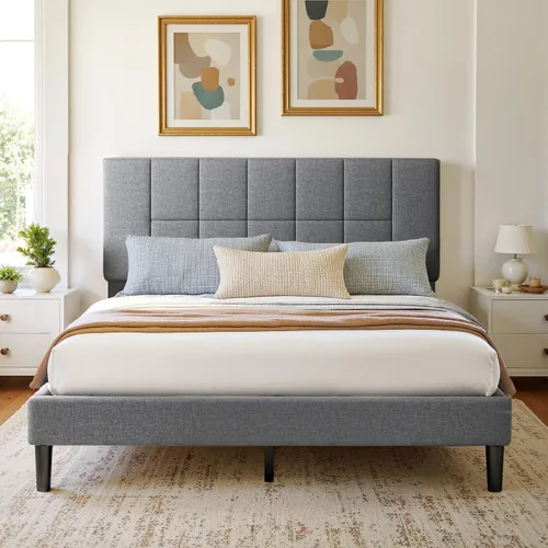 Vista 8 de Marsail Base de cama tapizada de tamaño matrimonial con 2 cajones de almacenamiento, cabecera ajustable, se adapta a colchones de 6 a 12 pulgadas