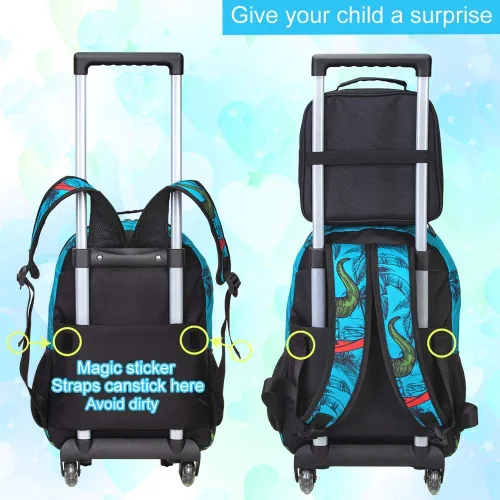 Vista 5 de AGSDON Mochila con ruedas enrollables para niños, mochila escolar con ruedas y bolsa de almuerzo, dinosaurio