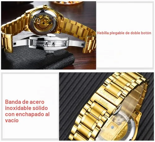 Vista 6 de Carnival Relojes automáticos impermeables automáticos de oro completo de zafiro con calendario multifunción para hombre tourbillon Dorado (Full Gold)