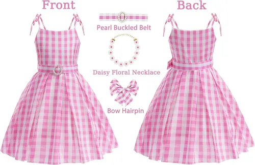 Vista 2 de Kids Movie Heroine Costume Dress Girls Pink Plaid Dress Outfits Halloween Costume Movie Party Cosplay with Accessories