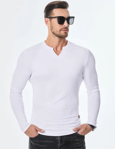 Vista 4 de JMIERR Camisetas de manga larga para hombre, estilo casual, cuello en V Negro+Blanco