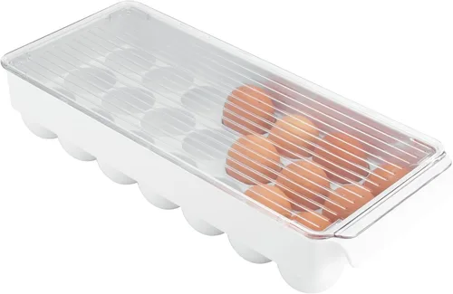 Vista 8 de iDesign - Soporte para huevos de plástico transparente para refrigerador con tapa, contenedor de almacenamiento de 21 huevos