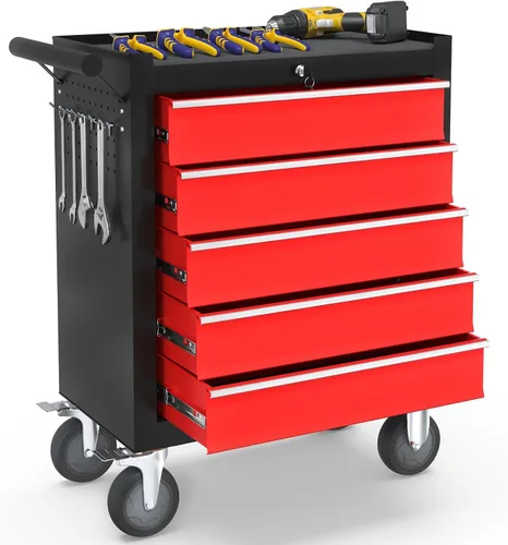 Vista 8 de Caja de herramientas con ruedas de 5 cajones, caja de herramientas rodante con ruedas, caja de herramientas con sistema de bloqueo con llave