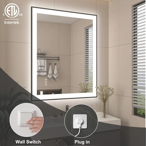 Vista 5 de SMIROR - Espejos LED de 32x36 para pared de baño, espejos modernos de tocador con luces, borde negro, regulable, antiempañamiento, memoria