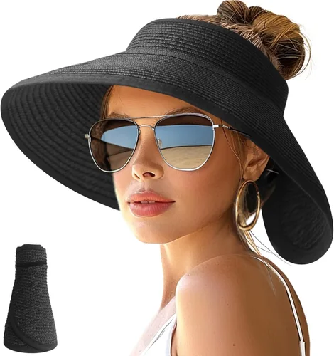Vista 13 de NPJY Sun Hats for Women Wide Brim Roll-Up Ponytail Packable Straw Visor Blanco