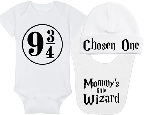 Vista 14 de Sombrero de bebé Wizard - Chosen One (tela negra - diseño dorado)