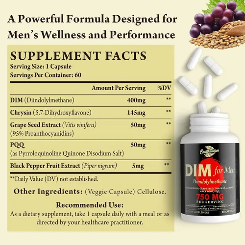 Vista 2 de Orinthalixium DIM para Hombres 750MG – Equilibrio Hormonal, Apoyo al Estrógeno para Hombres, Suplemento DIM, Desintoxicación, Vitalidad