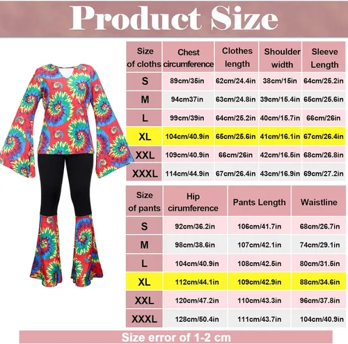 Vista 3 de Jiuguva Conjunto de 17 piezas de disfraz hippie de los años 60 y 70 para mujer, vestido de discoteca, pantalones bohemios, acampanados, camisa