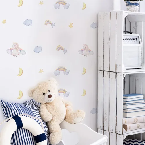 Vista 13 de Calcomanía de pared de arco iris, calcomanía de pared para guardería, atractivos arco iris acuarela, calcomanías de vinilo extraíbles para niños