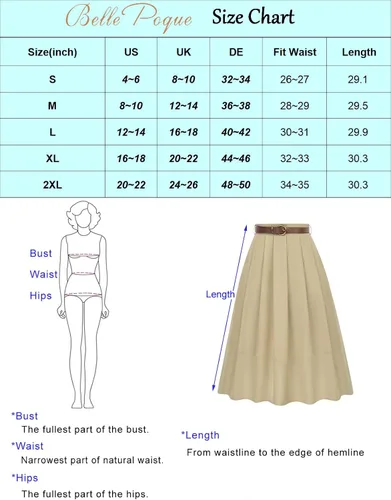 Vista 6 de Belle Poque Falda midi vintage con bolsillos para mujer, de cintura alta, plisada, con cinturón