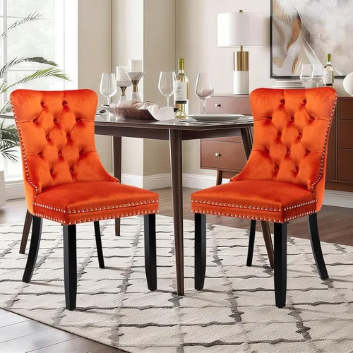 Vista 48 de Juego de 2 sillas de comedor de terciopelo con patas de madera, color beige Mid Century Modern Dining Chairs,Upholstered Chairs with Nailhead