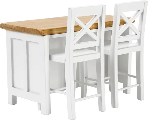 Vista 4 de Juego de sillas de mesa de comedor con islas de cocina de casa de muñecas 1/12 – Cocina en miniatura con taburetes, muebles de madera modernos
