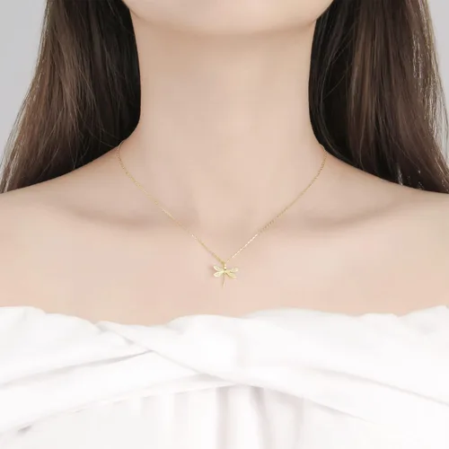 Vista 7 de Collar con dije de libélula de plata de ley para mujer, delicado collar plisado, oro rosa, regalo de joyería