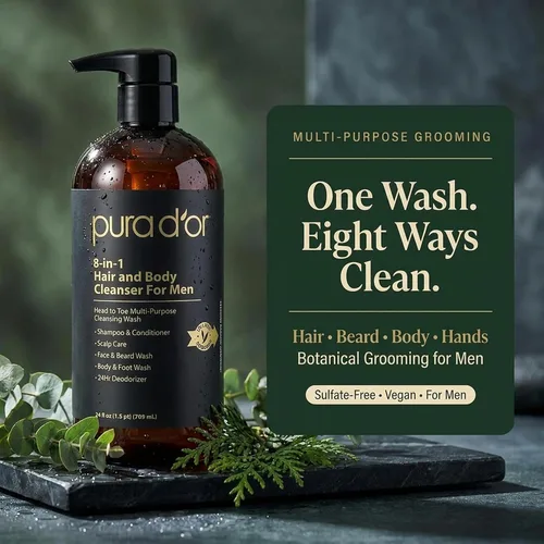 Vista 8 de PURA D'OR Limpiador de cabello y cuerpo 8 en 1 de 24 onzas para hombres, sin sulfatos, lavado multiusos para cabello, cara, barba y cuerpo, con aloe