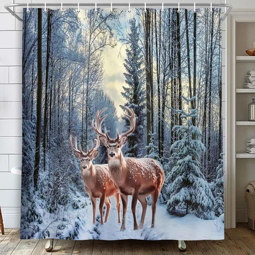 Vista 9 de MERCHR Cortina de Ducha de Nieve de Bosque Invernal, Cortina de Ducha de Pino Navideño y Venado Copo de Nieve para Baño, Decoración Festiva Navideña