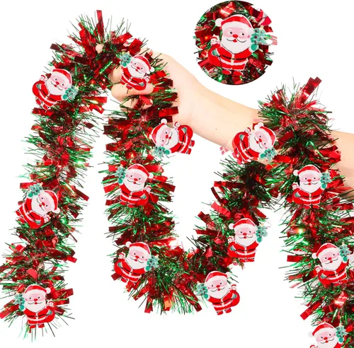 Vista 7 de Guirnalda de Navidad de 50 pies de rojo y verde con adornos de hombre de jengibre, guirnalda metálica gruesa y brillante para árbol, chimenea