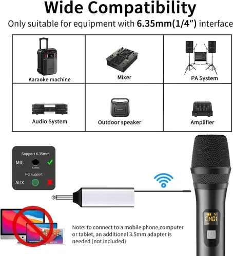 Vista 6 de Micrófono inalámbrico, sistema de micrófono dinámico inalámbrico de metal dual UHF de mano con receptor recargable, rango de 200 pies, para karaoke