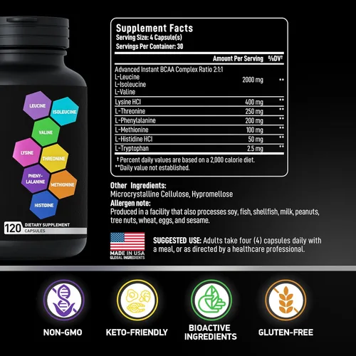 Vista 4 de Suplemento de aminoácidos esenciales para mujeres y hombres – Complejo de aminoácidos BCAA vegano para el crecimiento muscular con los 9 aminoácidos
