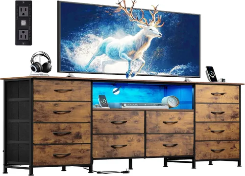 Vista 10 de WLIVE Cómoda de 12 cajones para dormitorio, cómoda negra para TV de 65, 70, 75 pulgadas con luz LED y estación de carga, cómoda ancha con estantes