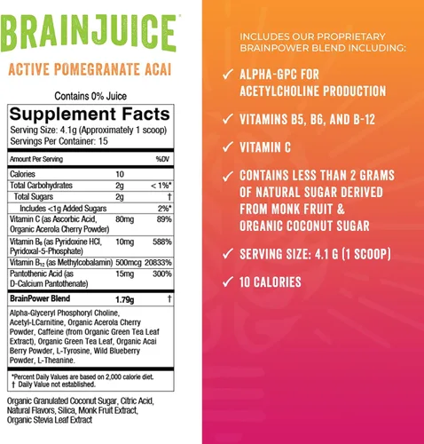 Vista 2 de BrainJuice Suplemento de apoyo cerebral nootrópicos, polvo sin gluten para energía y concentración, mezcla de bebida con L teanina, Alpha GPC