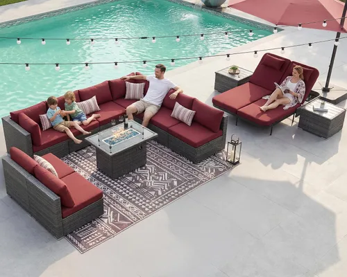 Vista 46 de NICESOUL Juego de muebles de patio de ratán extra grande con mesa para fogata de gas y propano, 29.3 pulgadas, respaldo alto, cómodos conversaciones