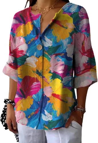 Vista 18 de domirica Camisas de manga corta con cuello en V para mujer, blusas elegantes con estampado floral y ajuste holgado, blusas básicas y cómodas