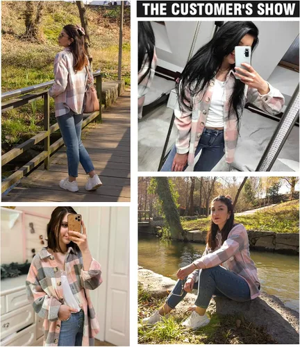 Vista 5 de SHEWIN - Camisas de franela, de manga larga, a cuadros, con solapa y botones para mujer