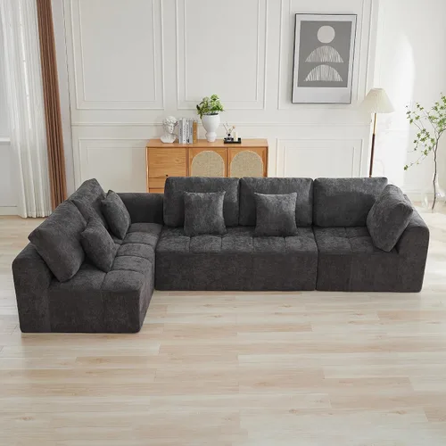 Vista 59 de Sofás seccionales modulares de 110 pulgadas para sala de estar, sofá seccional comprimido sin hueso, sofá de espuma viscoelástica tapizado de 3 Beige
