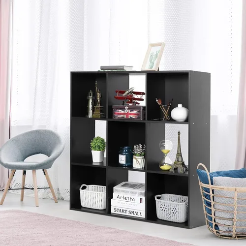 Vista 2 de Organizador de estantes de almacenamiento de 9 cubos, unidad de organización de estantería de madera, estantes de cubo para el hogar, oficina, Negro