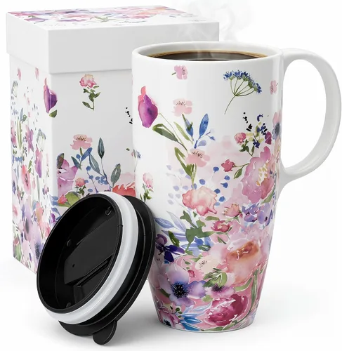 Vista 12 de DUSVALLY Taza de Café de Cerámica Taza de Viaje Regalo con Tapa 17oz, Taza de Té con Asa para Latte, Capuchino y Cacao, Tazas de Café de Porcelana