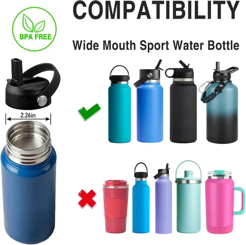 Vista 2 de Lids with Straw for Hydroflask Wide Mouth 20 32 40 oz, Flex Straw Lid Fit for Hydro Flask Sports Water Bottles, Flexible Handle Replacement Lid