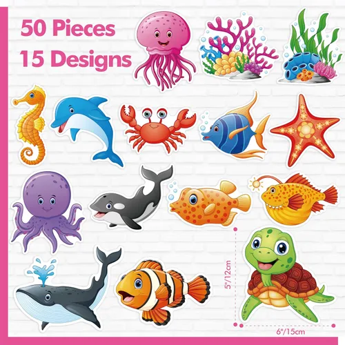Vista 2 de 50 recortes de animales marinos, impresión de doble cara, recortes de acentos de criaturas oceánicas, tablero de anuncios de pescado y coral