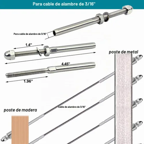 Vista 2 de 3/16 T316 T316 Tensor de acero inoxidable Cable Barandilla Hardware 60pcs para postes de madera y metal