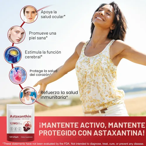 Vista 5 de Suplementos de Astaxantina 12 mg, 120 cápsulas blandas de Astaxantina, Suplementos antioxidantes premium de As-taxantina con actividad antioxidante