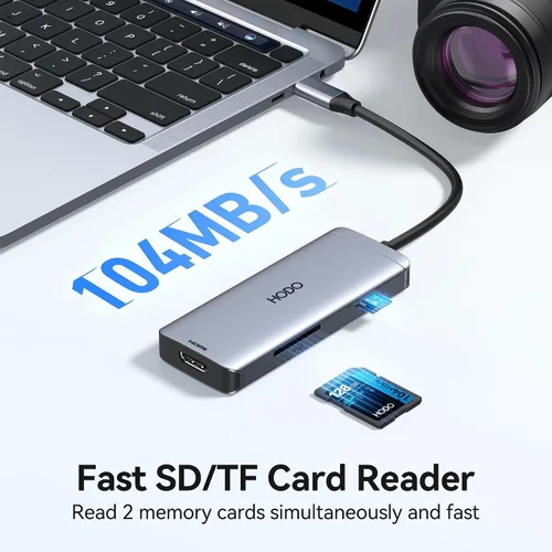 Vista 5 de Adaptador multipuerto USB-C para MacBook Air/Pro - Dongle HDMI 6 en 1 con puertos 4K, USB 3.0, lector de tarjetas SD/TF para MacBook M1/m2/m3/m4